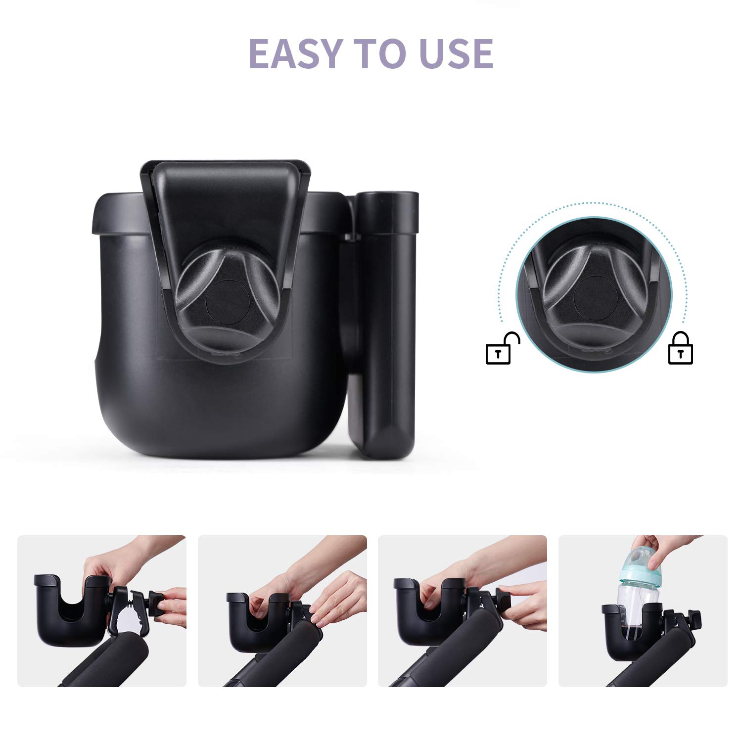SUNVENO Stroller Universal Cup Holder, 360 Degrees Rotation 2 in 1 Large Bottle Holder with Phone Holder for Stroller, Pushchair,Wheelchair, Walker, Black: Baby