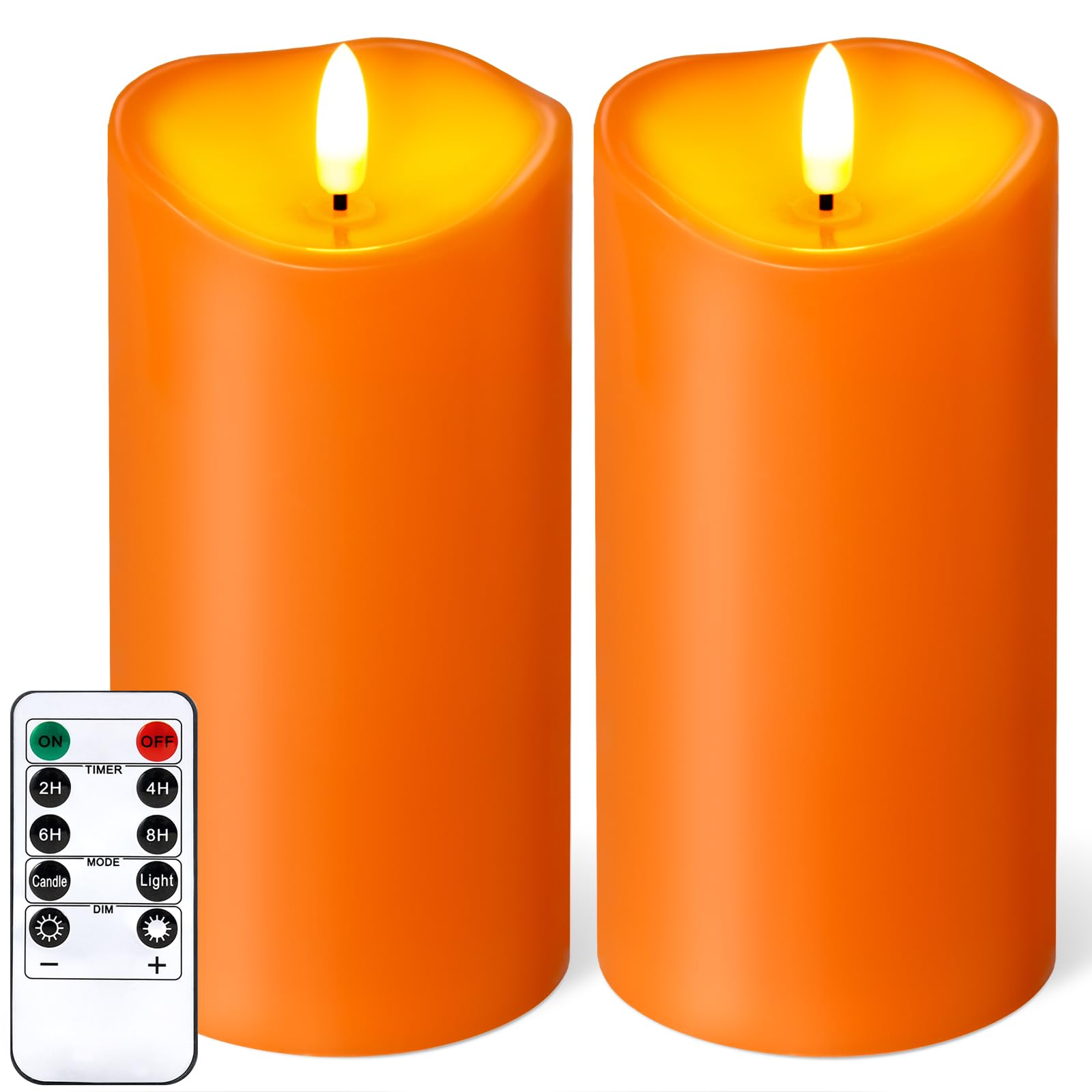 Photo 1 of Outdoor Flameless Candles with Remote Timer - Waterproof Realistic Flickering LED Pillar Electric Battery Operated Fake Candle for Halloween Holiday Home Fireplace Decor - Orange 2 Pack (6"6")