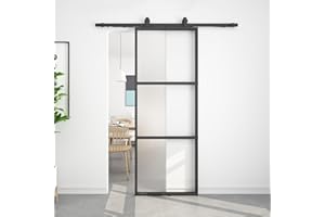 BARNSMITH 32in x 84in Frosted Glass Barn Door and 5.5FT Hardware kit Included, Soft Close Mechanism,Black Carbon Steel Tempered Frosted Glass Sliding Barn Door, Easy Assembly