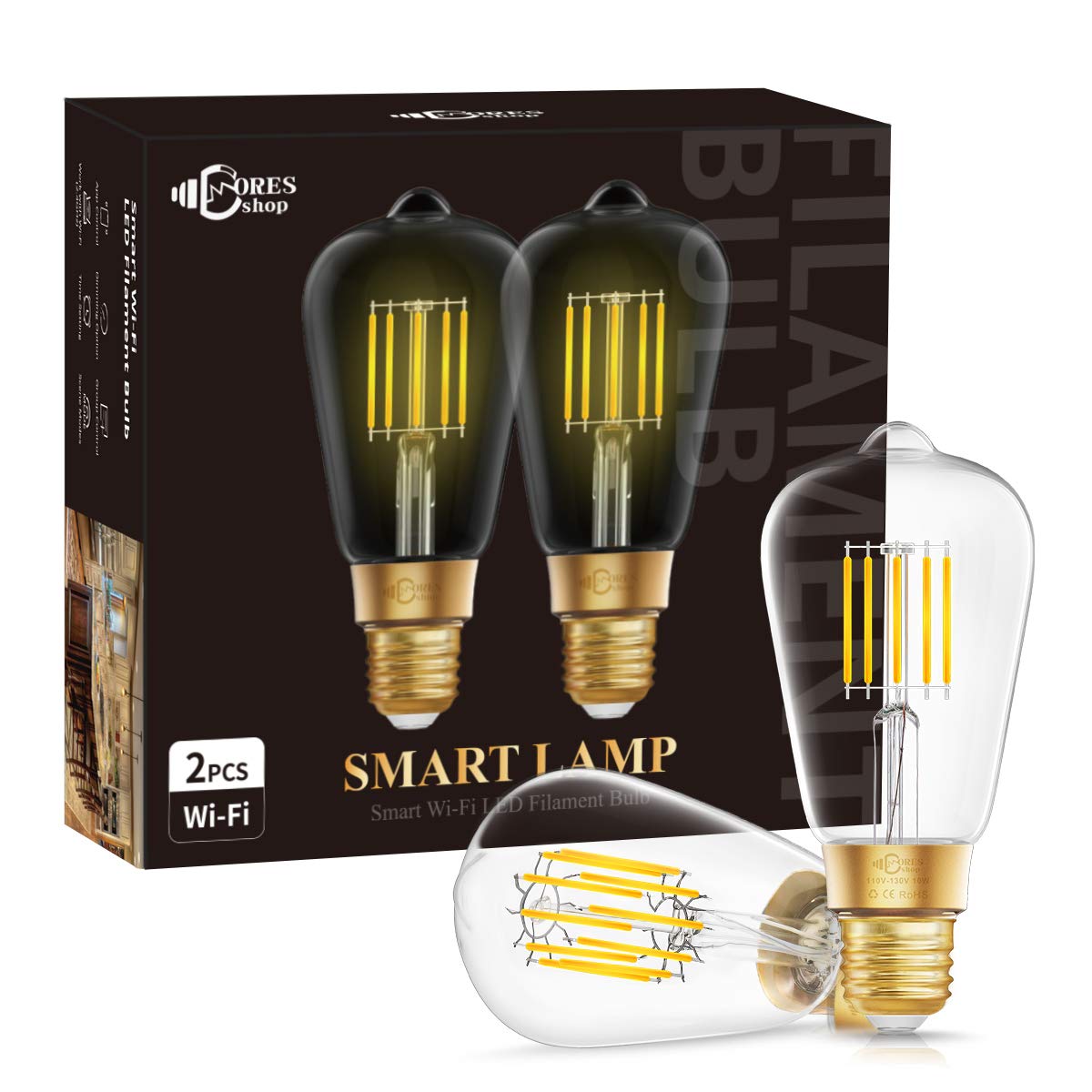 DORESshop Wi-Fi Smart LED Light Bulb, E26 Dimmable 10W(75W Equivalent) Vintage Edison WiFi LED Edison Bulb, ST64 Antique LED Filament Light Bulb, Work with Alexa and Google Assistant, 2 Pack