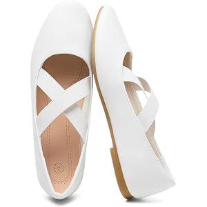 Waluzs Women's Ballet Mary Jane Flats with Criss Cross Elastic Strap | White Black Beige Ladies Dress PU Leather Flats Shoes