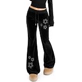 Bosloga Velvet Star Rhinestone Flare Pants for Women, Bootcut Low Rise Drawstring Bell Bottoms, Y2K Streetwear
