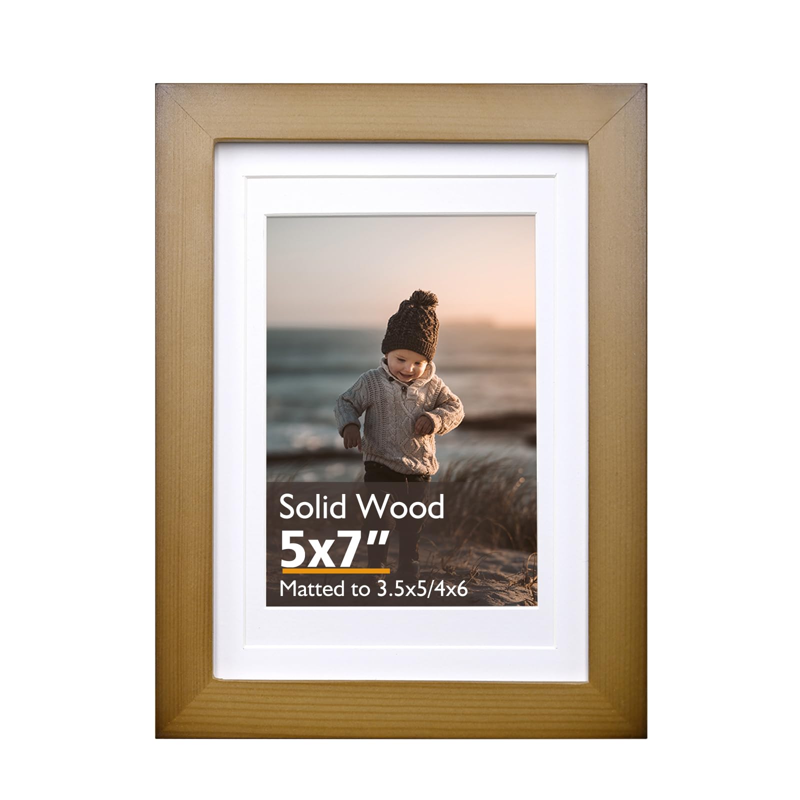 KINLINK 7x5 Picture Frames Brown Wood Frames with Acrylic Plexiglass for 3.5x5/6x4 with Mat or 7x5 without Mat, Tabletop and Wall Mounting Display