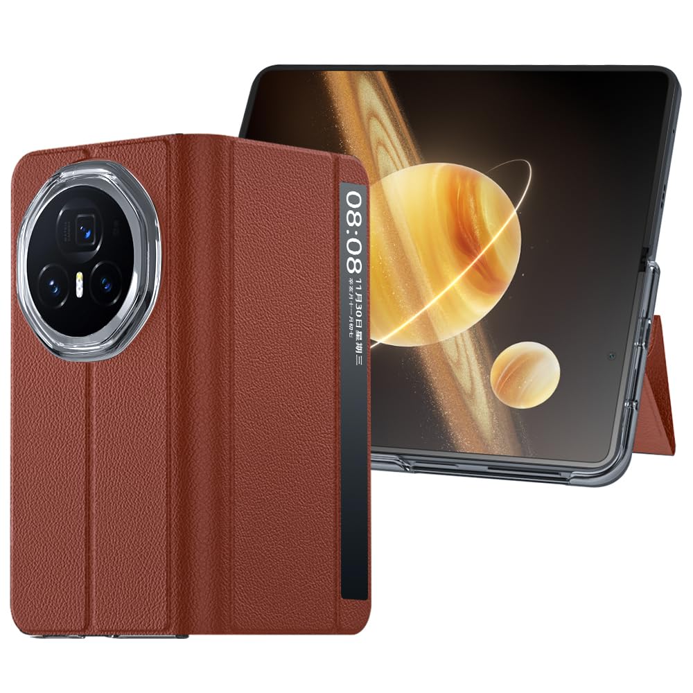 Lemxiee Magnetic PU Leather Cover for Honor Magic V3 Case,Folding Stand Cover with Automatic Wake/Sleep,PC Case for Honor Magic V3 Brown