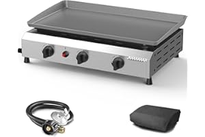 ADREAK 25.6 Inch 3 Burner BBQ Gas Grill Griddle, Stainless Steel Portable Detachable 30,000 BTU Table Top Propane Barbecue Grill for Camping or Tailgating (Upgraded Griddle)