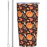 JASROTAO Autumn Pumpkin Tumbler with Straw, Mushroom Leaves 20oz Stainless Steel Vacuum Insulated Coffee Cup Travel Mug, Leakproof Lid, Souvenir for Women Men (Halloween, Birthday, Christmas)