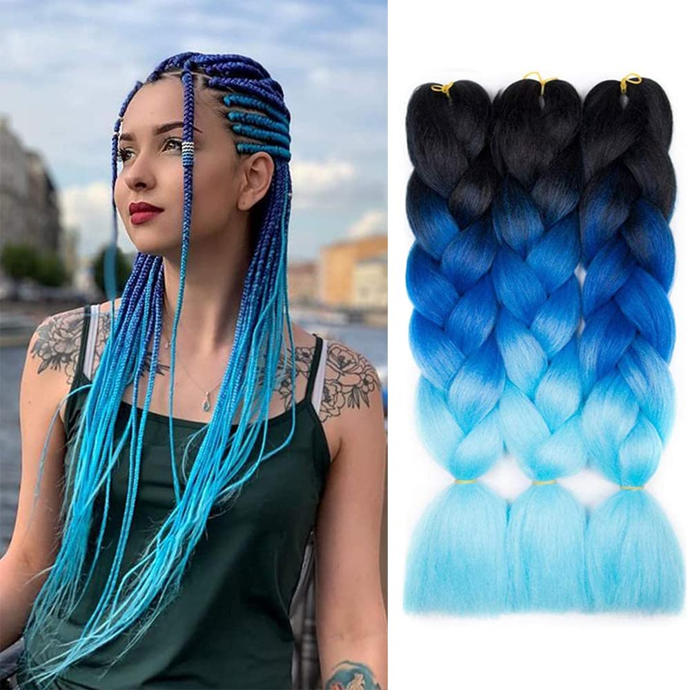 FANWYFYU Ombre Braiding Hair 24inch Jumbo Braids High Temperature Fiber Synthetic Hair Extension 3pcs/Lot 100g/pc for Twist Braiding Hair (Black- Dark blue- Light blue)