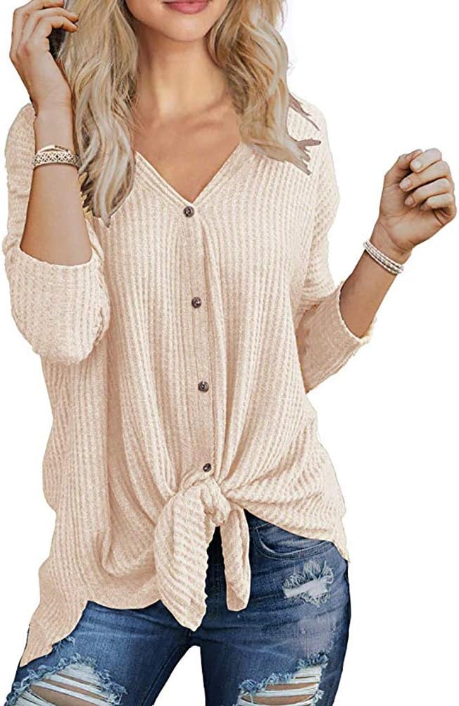 Womens Waffle Knit Tunic Blouse Tie Knot Henley Tops Loose Fitting Bat Wing Plain Shirts