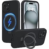 Miracase for iPhone 15 Case with Stand, Compatible with All MagSafe Accessories, Liquid Silicone Case Gel Rubber Shockproof Drop Protection Phone Case for iPhone 15, Black Mag-Stand