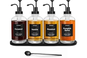 SHANNA Coffee Syrup Dispenser for Coffee Bar, 16.9oz 500ml Glass Syrup Dispenser w Black Coffee Scoop, Coffee Syrup Pump Dispenser w 36 Labels and Bamboo Tray, Coffee Syrup Bottles with Black Pump, 4PCS
