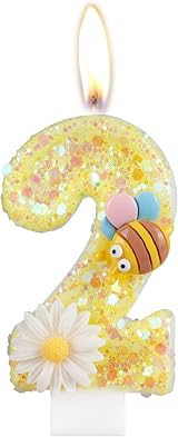 mciskin Flower Bee Number 2 Candle Yellow Glitter for Cake Birthday