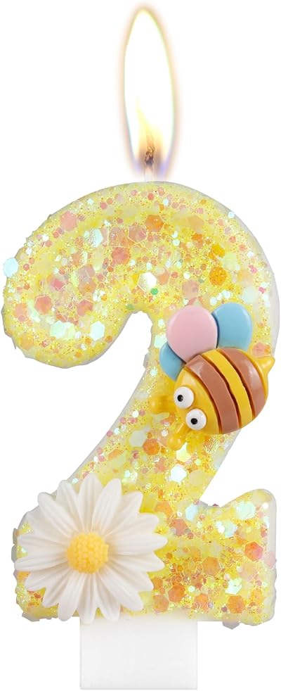 mciskin Flower Bee Number 2 Candle Yellow Glitter for Cake Birthday