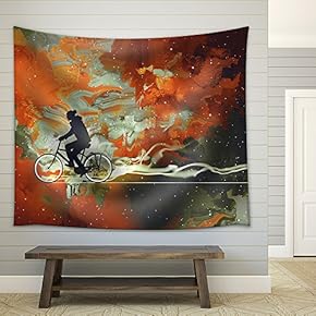 Silhouettes of Man on Bicycle in Universe Filled,Illustration Art - Fabric Wall Tapestry Home Decor - 51x60 inches
