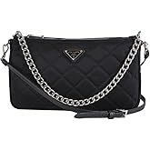 Prada Black Quilted Tessuto Nylon Chain Crossbody Bag Silver Hardware Adjustable Strap Zipper Closure Designer Shoulder Purse New