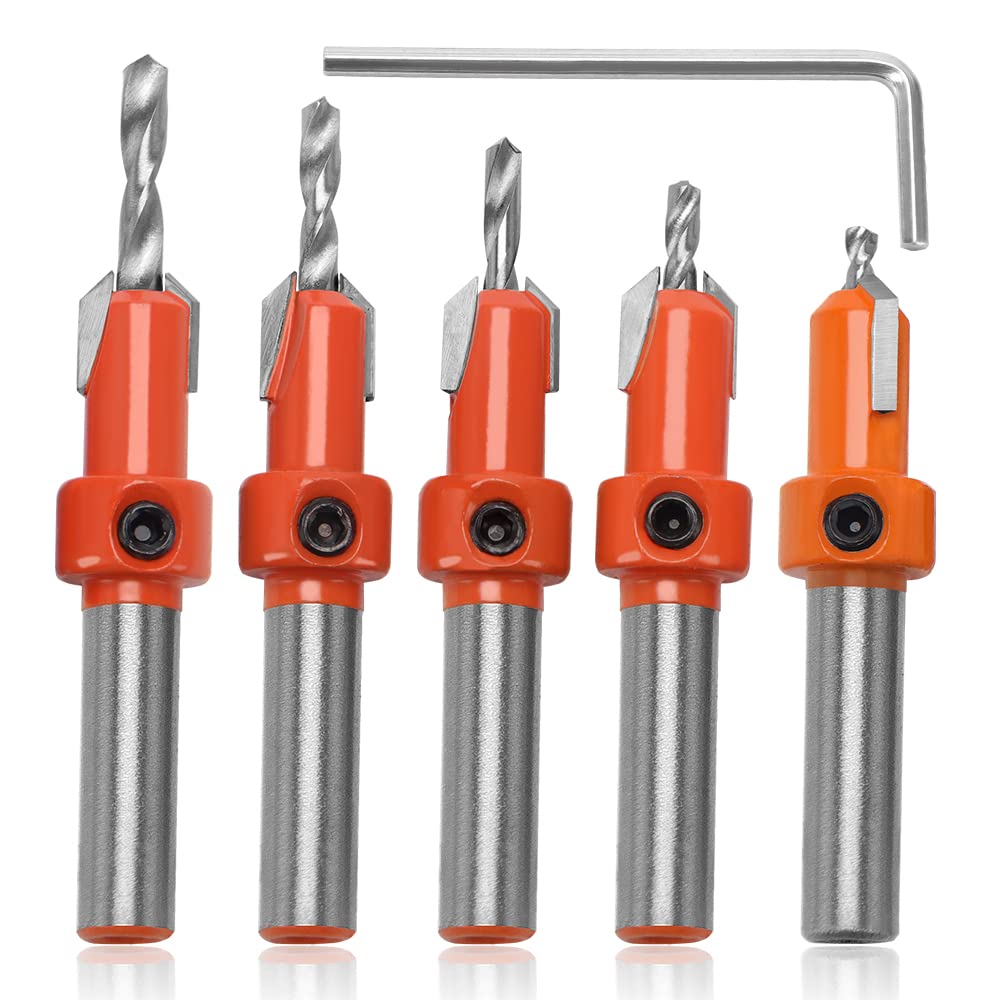 YIXISI 5 PCS 10mm HSS Countersink Drill Bit Set, Woodworking Chamfer Counter Bit, Tapered Drill Bit for Wood Drilling, with Hex Wrench and Screw — image 1