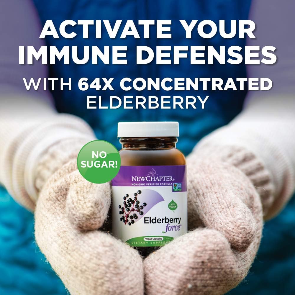 New Chapter Elderberry Capsules, Elderberry Force, with 64x Concentrated Black Elderberry + Black Currant for Immune Support, No Added Sugar, Gluten Free, Vegan - 30 Count: Health & Personal Care