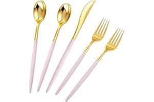 Rubtlamp 90Pcs Gold Plastic Silverware, Gold Plastic Utensils With Pink Handles Include 30 Plastic Gold Knives, 60 Plastic Forks and Spoons, Pink Plastic Silverware Heavy Duty For Party