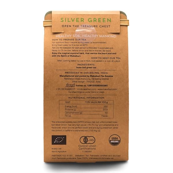 MAKAIBARI TEA TREASURES ORGANIC SILVER GREEN LOOSE GREEN TEABAGS, 100% NATURAL FLAVOUR, 25 CUPS