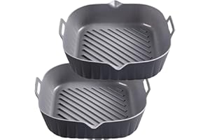 Golden Associate Silicone Liners Square for Air Fryer, 2 Pcs Non-stick Food-grade Reusable Basket Silicone Pot Baking Tray Airfryer Accessories, Top Size 8 inches, Bottom Size 7 inches, Grey