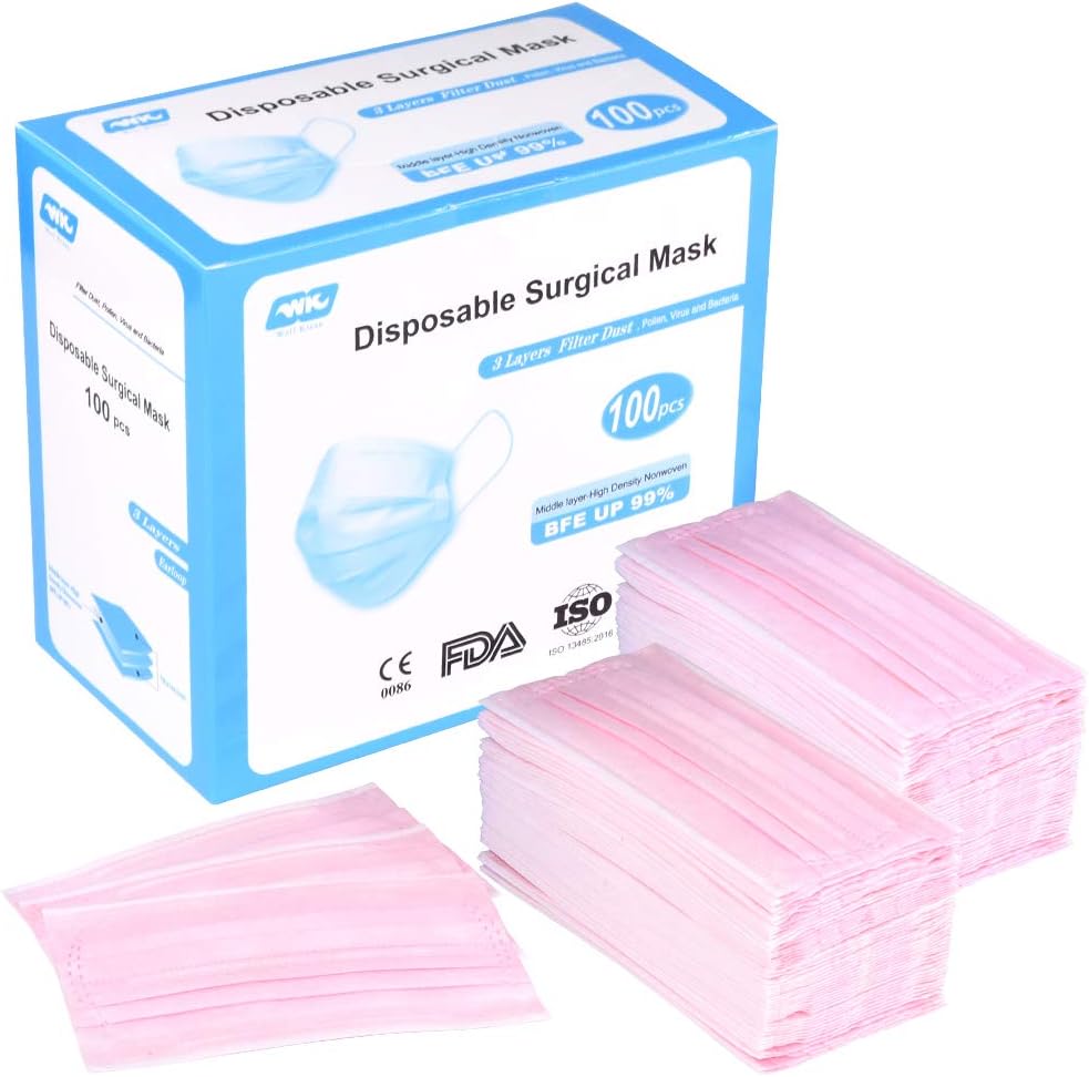 WELL KIEAN 100 Pack Disposable Surgical Mask with Elastic Earloop, Filter Dust, Pollen, Virus and Bacteria by 3 Non-Woven Layers (Pink)