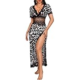 ChiaoLezhee Leopard Print Lace Nightgowns, Deep V Neck High Slit, Boudoir Lingerie, Sheer Mesh Negligees For Women Cheetach