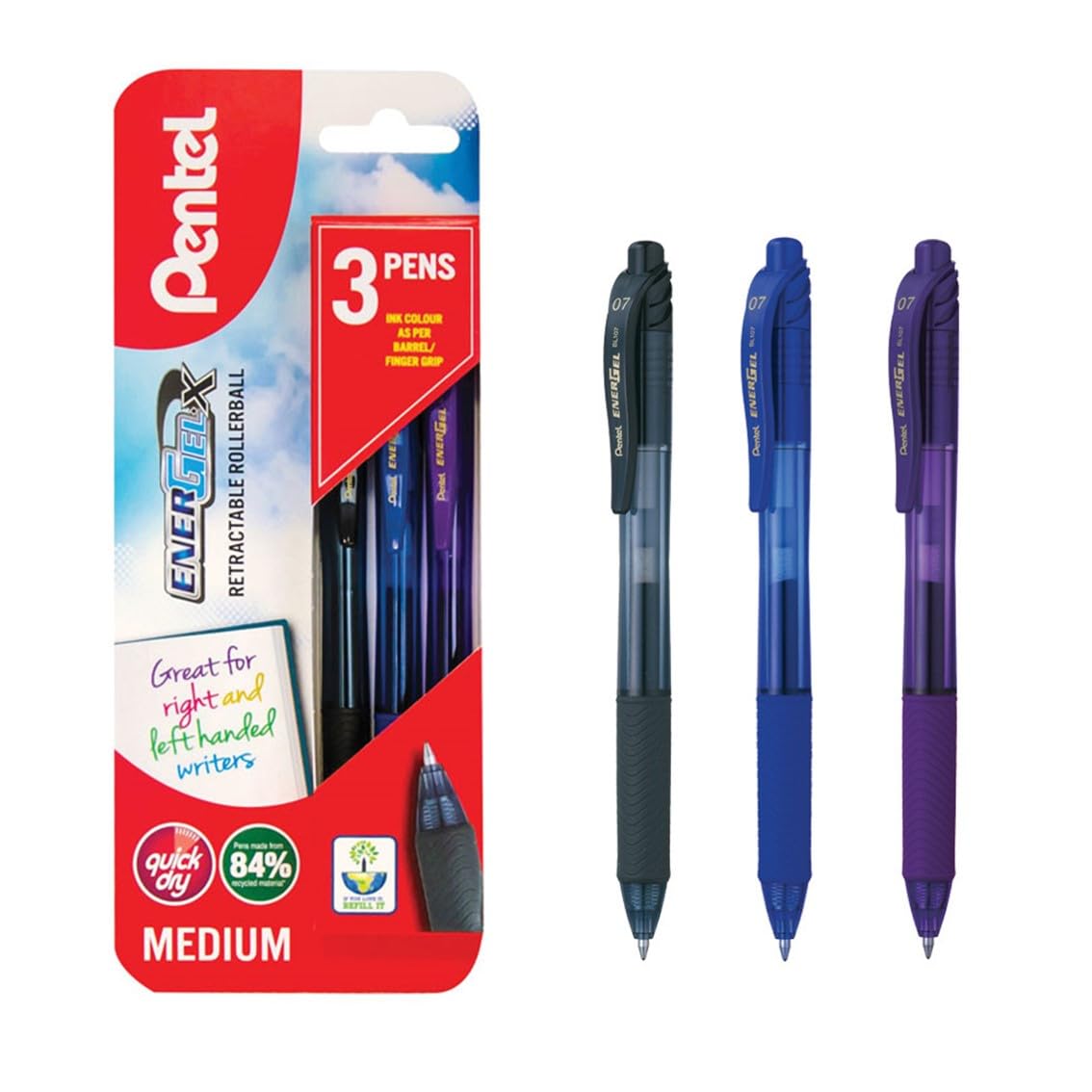 Pentel EnerGel 0.7 mm X Triple Blister Pen - Black/Blue/Violet (Pack of 3)