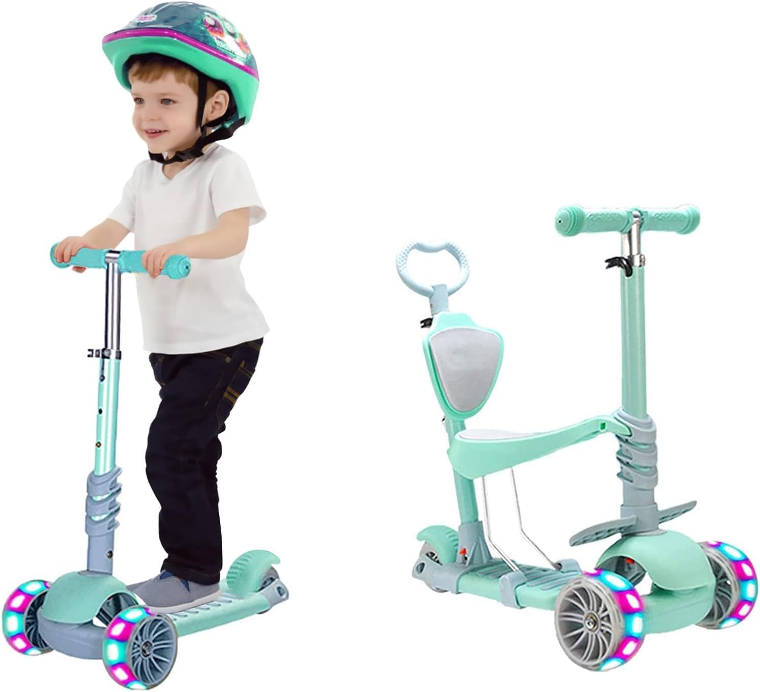 Kids Scooter 3 Wheel Push Scooter 5 in 1 Riding Toy with Height Adjustable Foldable Seat Folding Scooters Flashing PU Wheels Sit Stand Lean-to-Steer for Toddlers Boys Girls