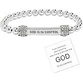 God Is in Control Bracelet For Women, Dainty Diamond Beaded Stretch Bracelet Religious Inspirational Bible Verse Engraved Stainless Steel Tube Christian Faith Self Worth Motivational Jewelry Gifts