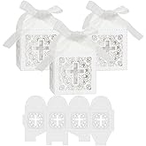 Morbanner Baptism Favor Boxes，2.2''x2.2''x2.2''Laser Cut Cross Favor Boxes with 50 Ribbons for Baby Shower Favors Baptism Decorations First Birthday Party (White)
