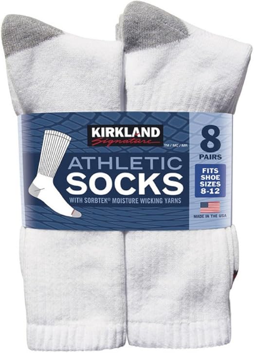 Kirkland Men's Breathable Sport Socks White Moisture Absorbing x 8 Pack
