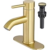 VOTON Brushed Gold Bathroom Faucet One Hole, Modern Single Handle Bathroom Faucet for 1 or 3 Hole Sink with Metal Pop up Drain, Deck Plate, for Vanity, Rv Sink