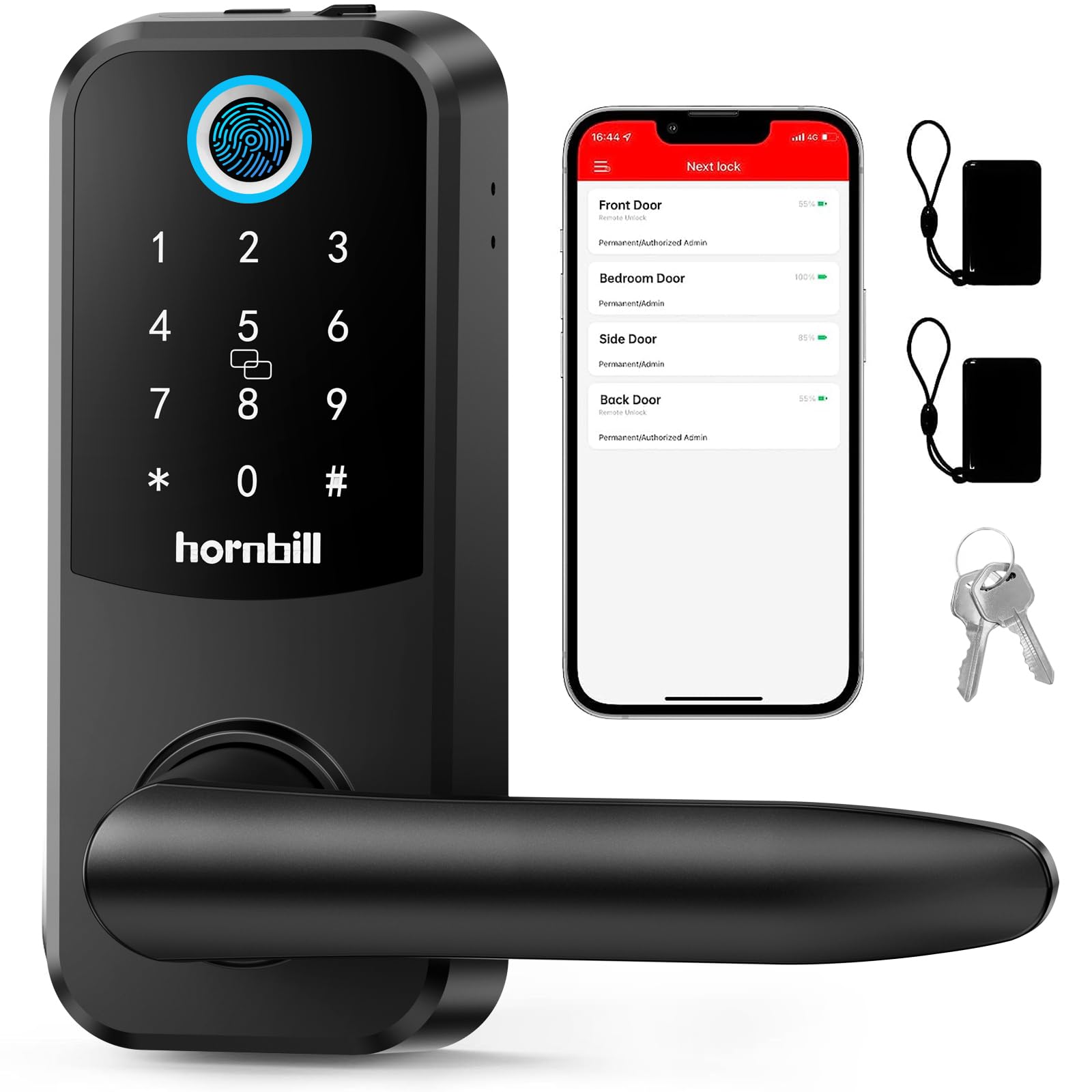 Hornbill Smart Lock Keyless Entry with Handle - Fingerprint Door Locks for Front Door - Keypad Electronic Digital Biometric Bluetooth Passcodes, Works with Alexa, App Control Touch Screen,Auto Lock