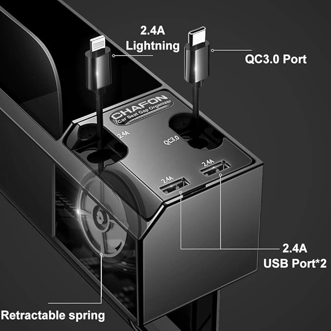Amazon.com: CHAFON Car Seat Gap Organizer,Multifunctional Car Console  Pocket with Retractable QC 3.0 Type C and Phone Charger Cables,Extra Dual  USB Connectors for Universal Charging-Black: Home Improvement