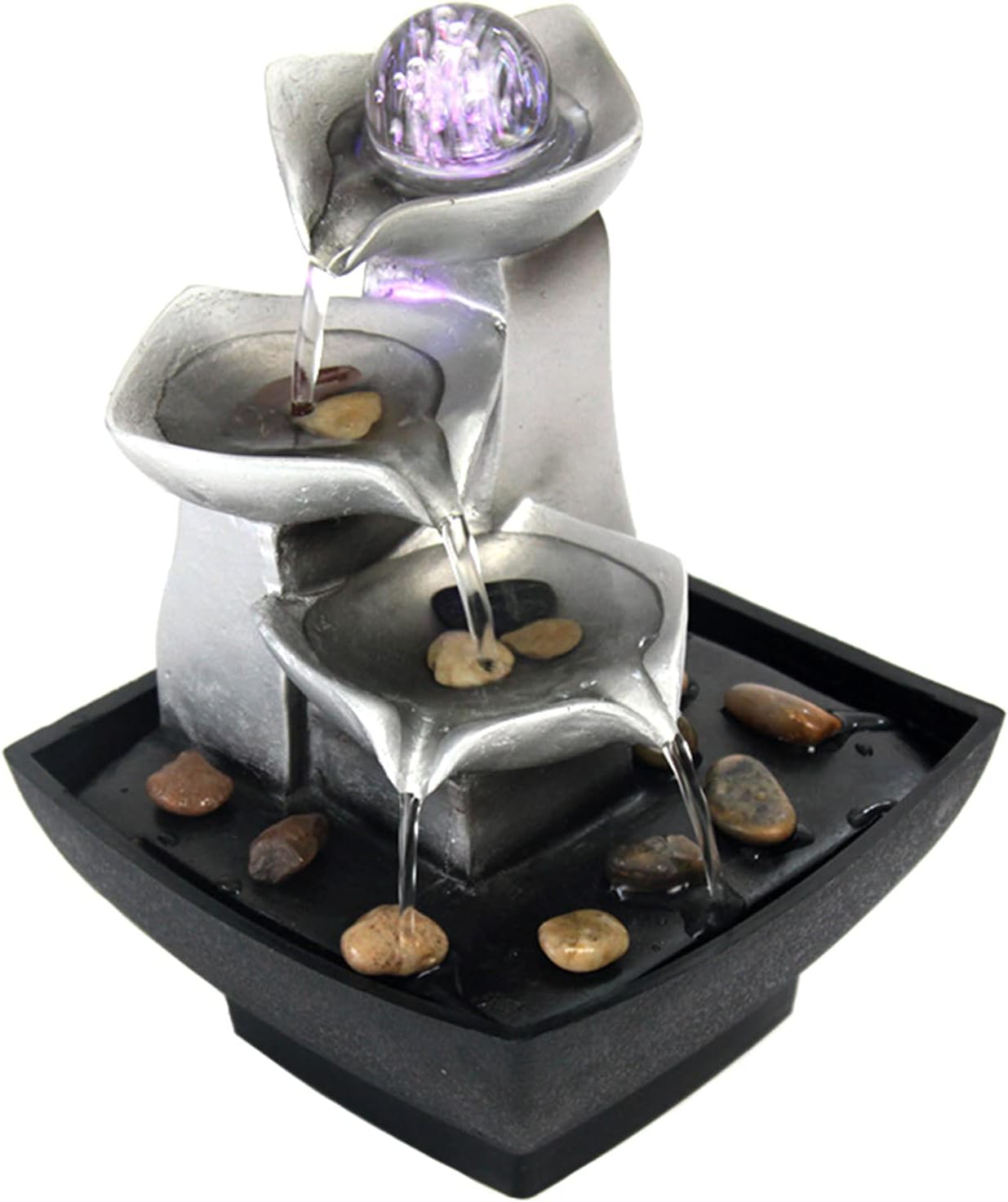 Indoor Fountains & Accessories - Indoor 3-Tier Relaxation Tabletop Fountain, Automatic Pump with Extra Deep Basin with Natural River Rocks and LED Light Feature for Home Office Bedroom