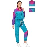 MASSWO Women's 2 Piece Tracksuit 80s 90s Retro Outfit, Long Sleeve Windbreaker Jacket Neon Color Block Tracksuit Set
