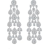 Luxury Crystal Big Chandelier Drop Earrings, Clear Cubic Zirconia, Long Teardrop Design, Bridal Wedding Party Statement Jewelry