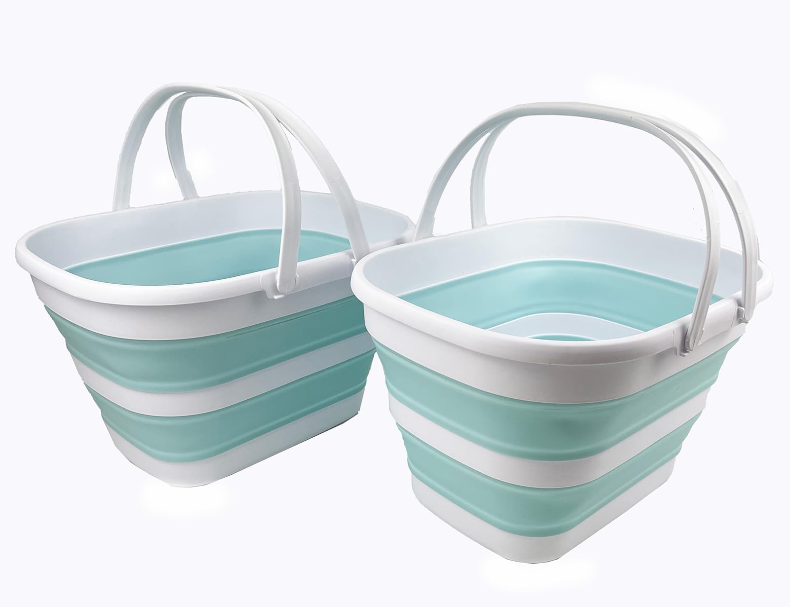 SAMMART - 17L Collapsible Basket with Handle - Portable Outdoor Picnic Basket/Crater - Foldable Shopping Bag - Space Saving Storage Container (White/Lake Green (Set of 2), 2)