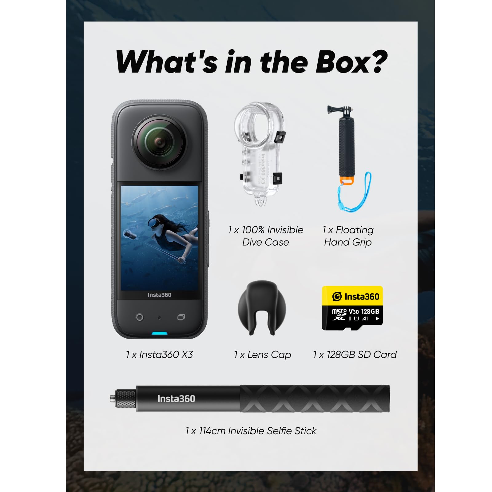 Insta360 X3 Invisible Dive Kit - Waterproof 5.7K 360 Action Camera, Dive Case, Selfie Stick, Dual 1/2