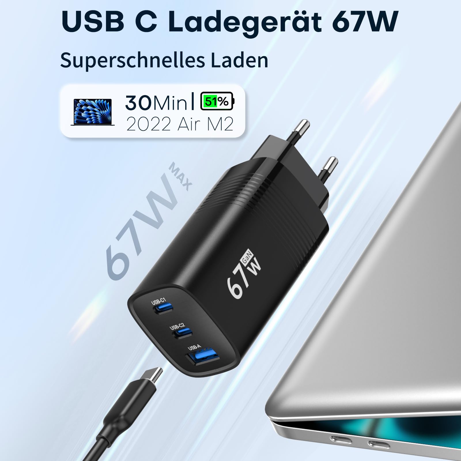 TOPADRE USB C Ladegerät 67W, 3-Port Schnellladegerät, PD PPS Fast Charger, Netzteil USB C für MacBook Pro/Air, für iPhone 17/16/15/14 Pro Max, für Galaxy S25/S24/S23/S22, für Pixel 10/9/8/7/6. Schwarz 2