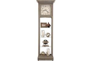 Howard Miller Frank Floor Clock II, Gray Finish Triple-Chime Movement with Adjustable Glass Shelves, Flat Top Pediment Vertical Grandfather Home Decor for Bedroom, Office & Living Room
