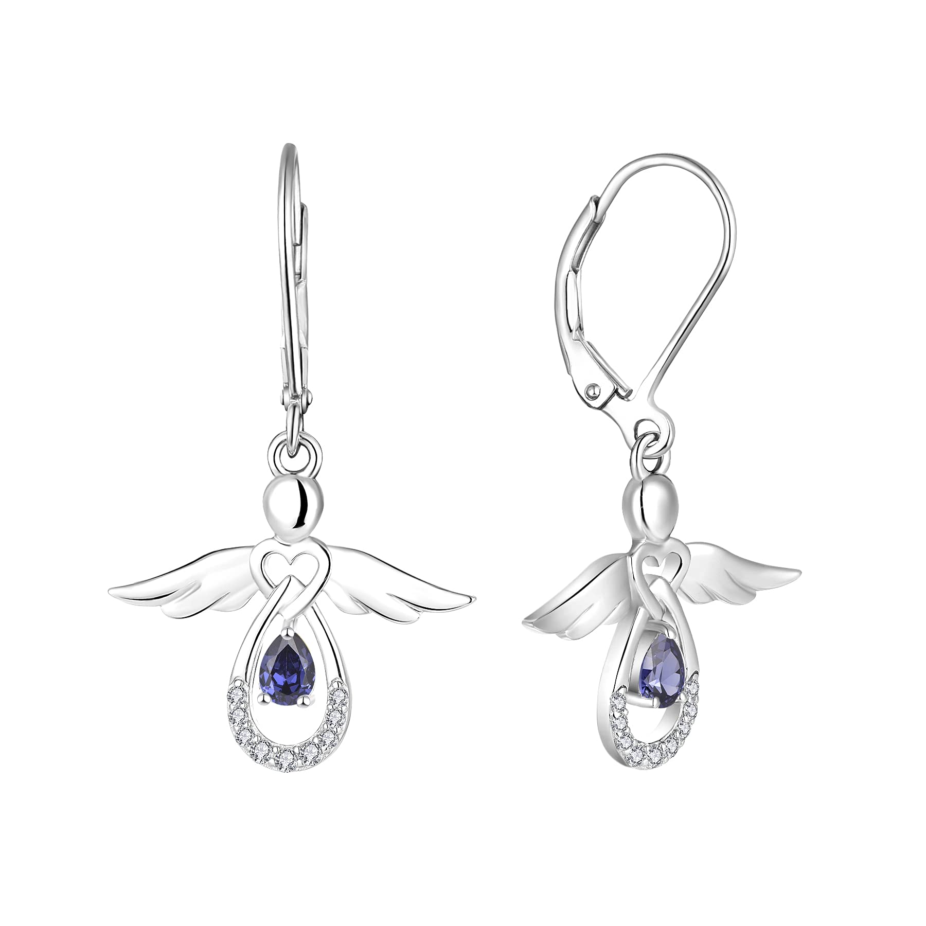 FJ Guardian Angel Earrings 925 Sterling Silver Leverback Dangle Drop Earrings Tanzanite December Birthstone Jewellery for Women