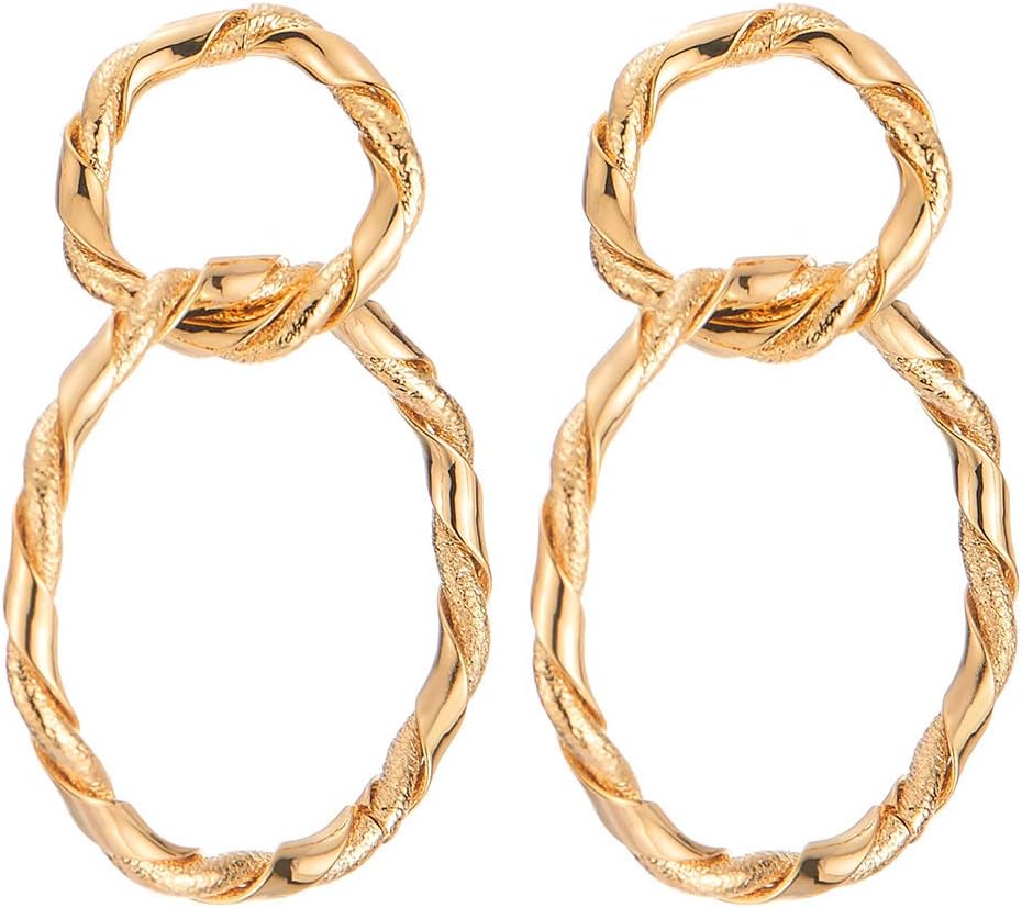 Stylish Statement Earrings Double Braided Open Circles Hoops Link Large Drop Dangle, Gold, Banquet