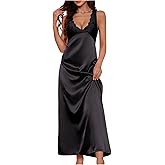 WDIRARA Women's Lace Backless Sexy Long Satin Sleepwear Deep V Neck Sleeveless Nightgown