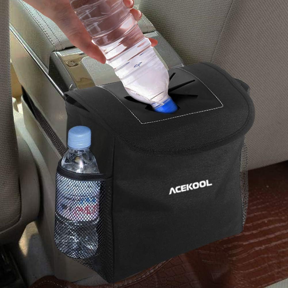 Acekool Car Trash Can with Lid and Storage Pockets,100% Leak Proof Car Trash Container Car Garbage Bag Hanging for Headrest/Gearshift/Center Console