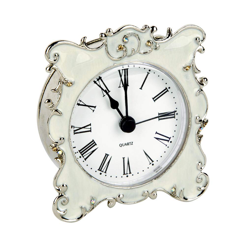 NIKKY HOME Pewter Pretty Small and Cute Vintage Table Clock with Quartz Analog Crystal Rhinestone 3 Inch for Living Room Bathroom Decoration, White Enamel