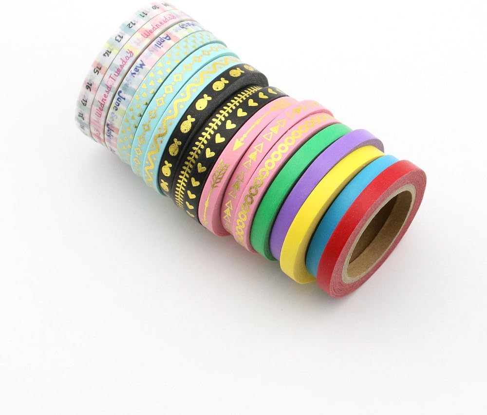 Three Leaves Cute 5mm Wide Skinny Washi Tape With Colorful Designs and Patterns - Perfect For Planners, Decorating, Scrapbooking set of 17