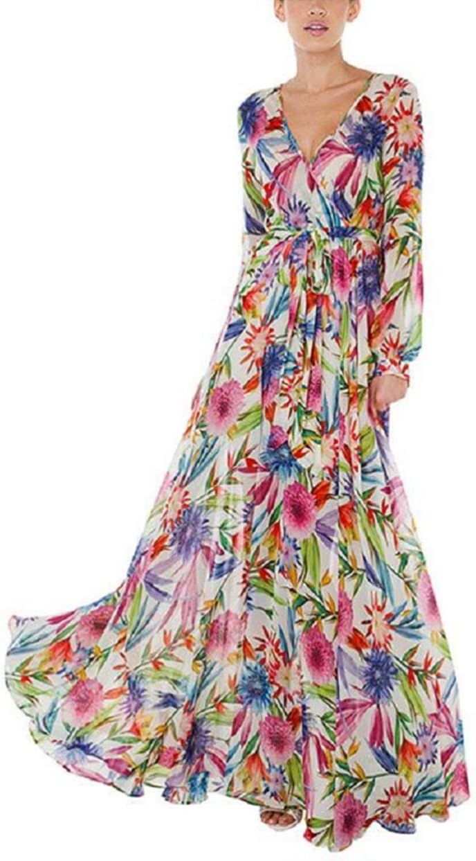 Women's V Neck Long Sleeve Elegant Vintage Casual Maxi Dress Printed Cocktail Prom Gown High Waist Dress Summer Baggy Beach Skirt