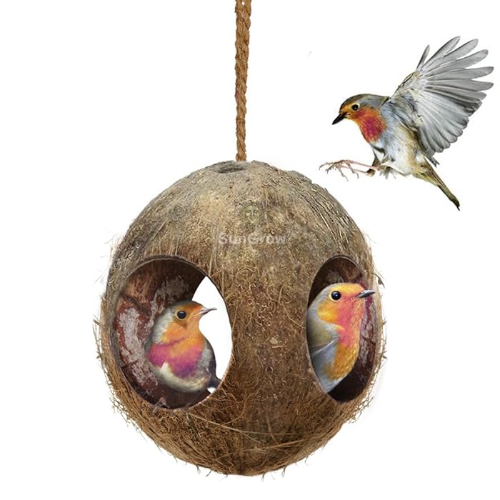 SunGrow 3-Hole Coco Bird Hut, Perfect for Hiding Millet and Nesting Material, Birdhouse Makes for Mini condo, Charming Natural Home Decor, Hang Food Dispenser in a Tree in Front Yard or Patio