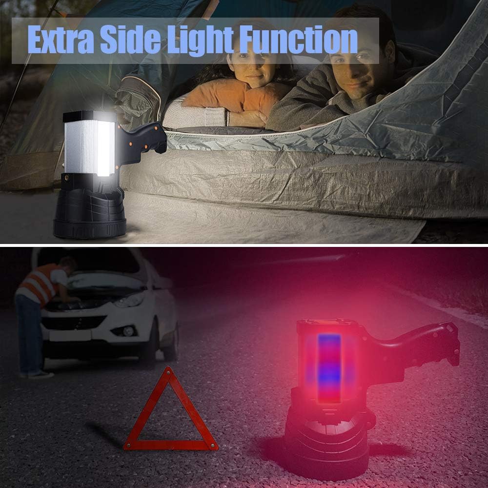 YIERBLUE Rechargeable spotlight, Super Bright 6000 Lumen LED Flashlight Handheld spotlight 10000mAh Long Lasting Large Flashlight Searchlight and Flood Camping Flashlight with Foldable Tripod (Silver) - - 