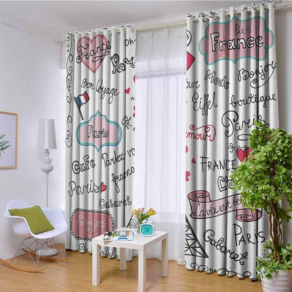 hengshu Eiffel Tower Shading Insulated Curtain Paris Symbols Lettering Heart Shaped Flag Ornamental Sketchy Doodle Decorative Image for Living Room or Bedroom W96 x 108 Inch Pink Blue